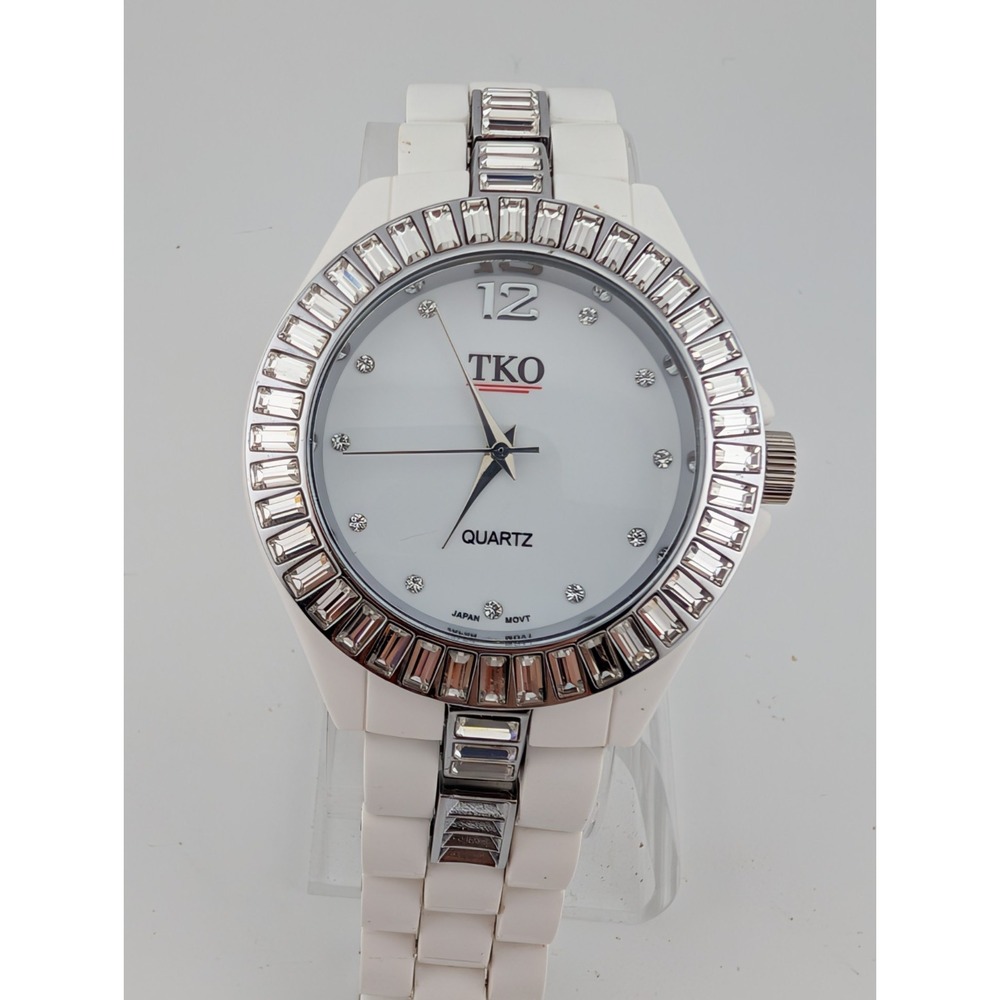 TKO ORLOGI Crystal Accent Watch Women 41mm Case White 7" Band- New Battery
